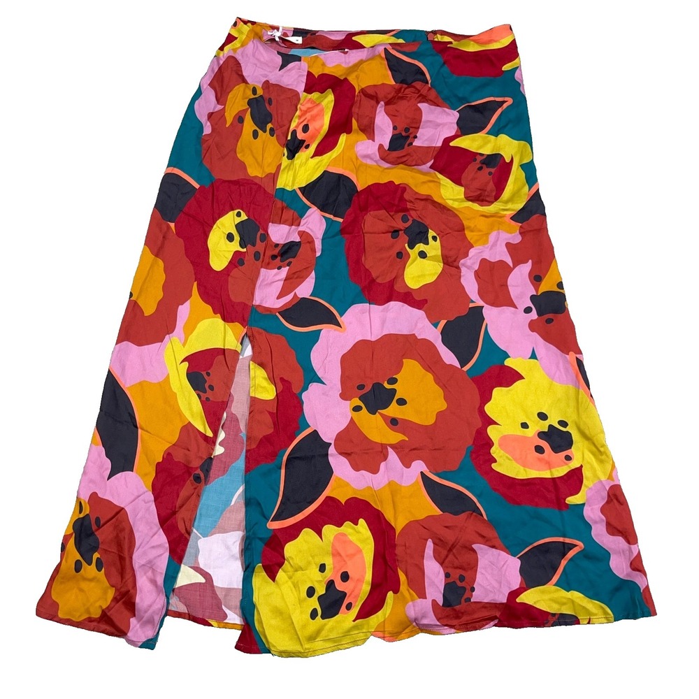 Marine Layer Ryan Slip Skirt Midi Women Size 14 Red Multi Exploded Floral Print